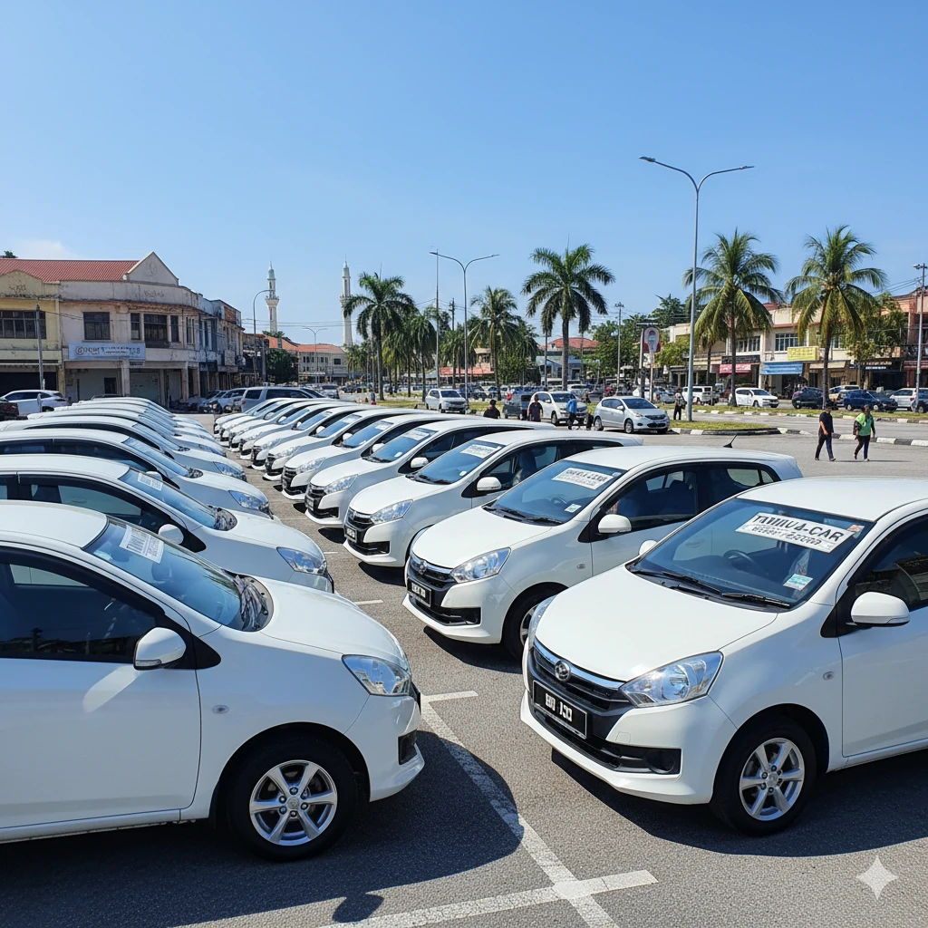 fleet of Perodua Axia cars parked for rental in Tawau - KF Car Rental Tawau