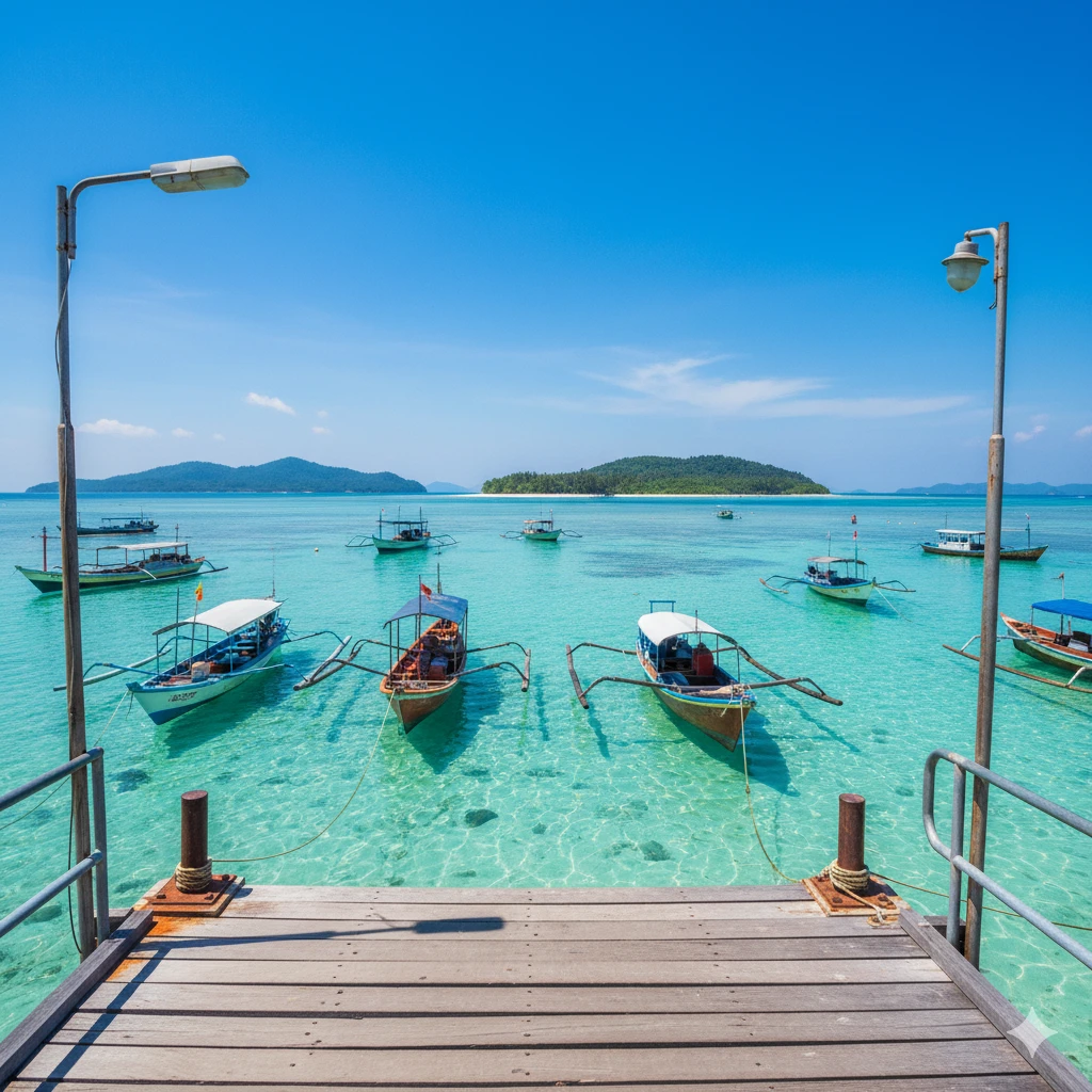 boats in turquoise water at Semporna jetty - KF Car Rental Tawau