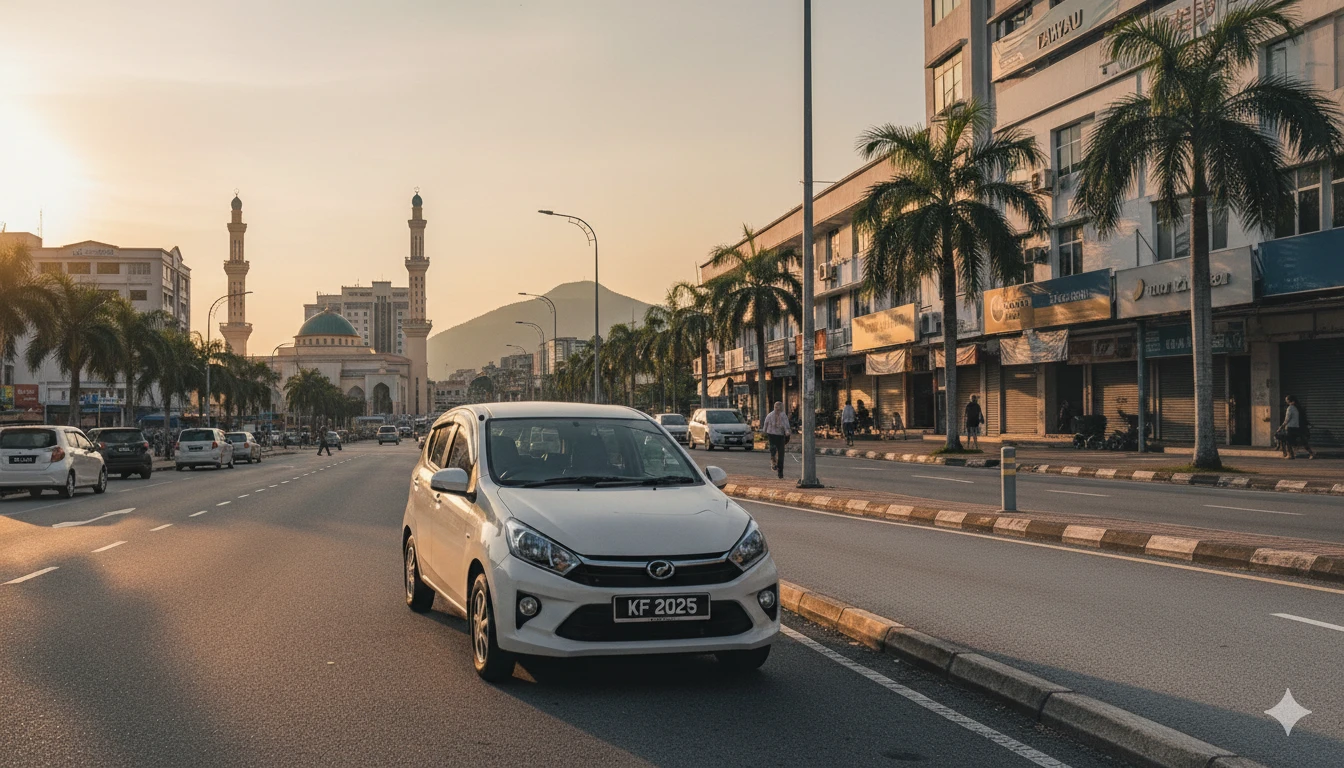 Perodua Axia driving through Tawau city road - KF Car Rental Tawau