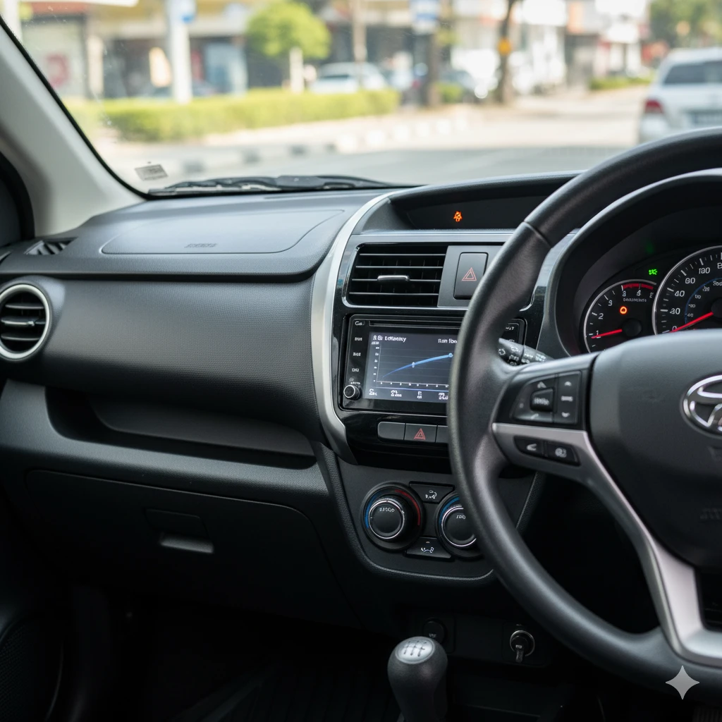 close-up of Perodua Axia dashboard showing fuel gauge - KF Car Rental Tawau